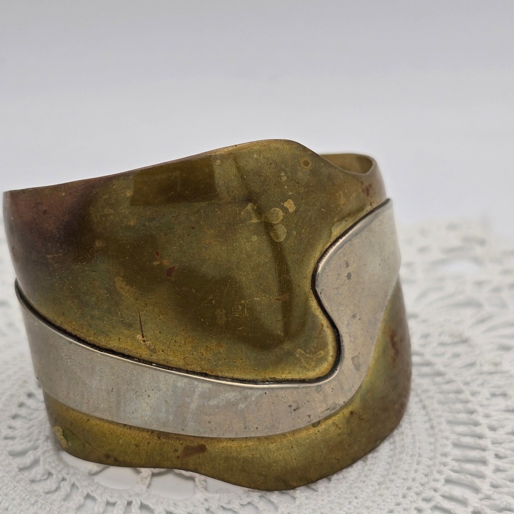 Vintage Mixed Metal Modernist Cuff Bracelet Gold Silver Tone Wide Wavy Design